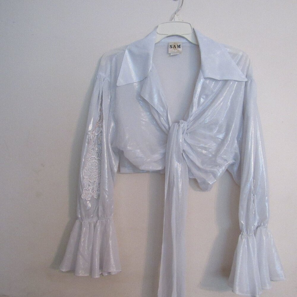Womens long sleeve shiney white or black midriff tie closure  fun top